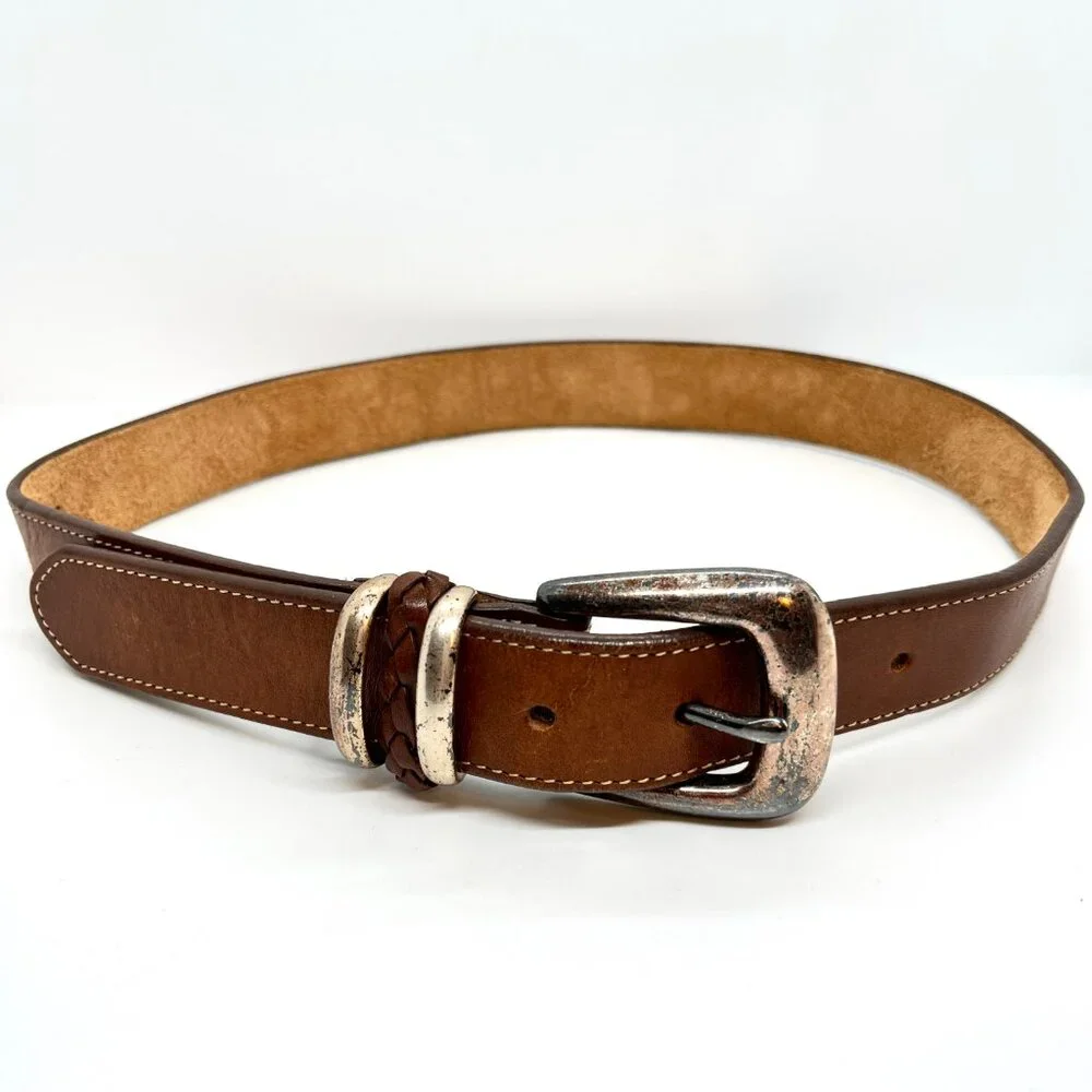 VINTAGE BRIGHTON Belt Brown Leather Silver Tone Buckle Braided Keeper SMALL